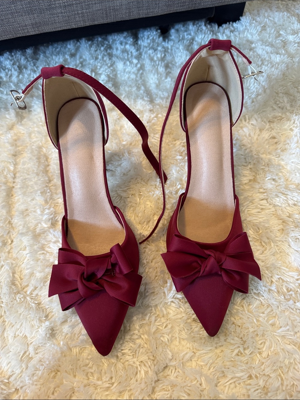 Pointed-Toe Burgundy Bow Ankle-Strap Heels